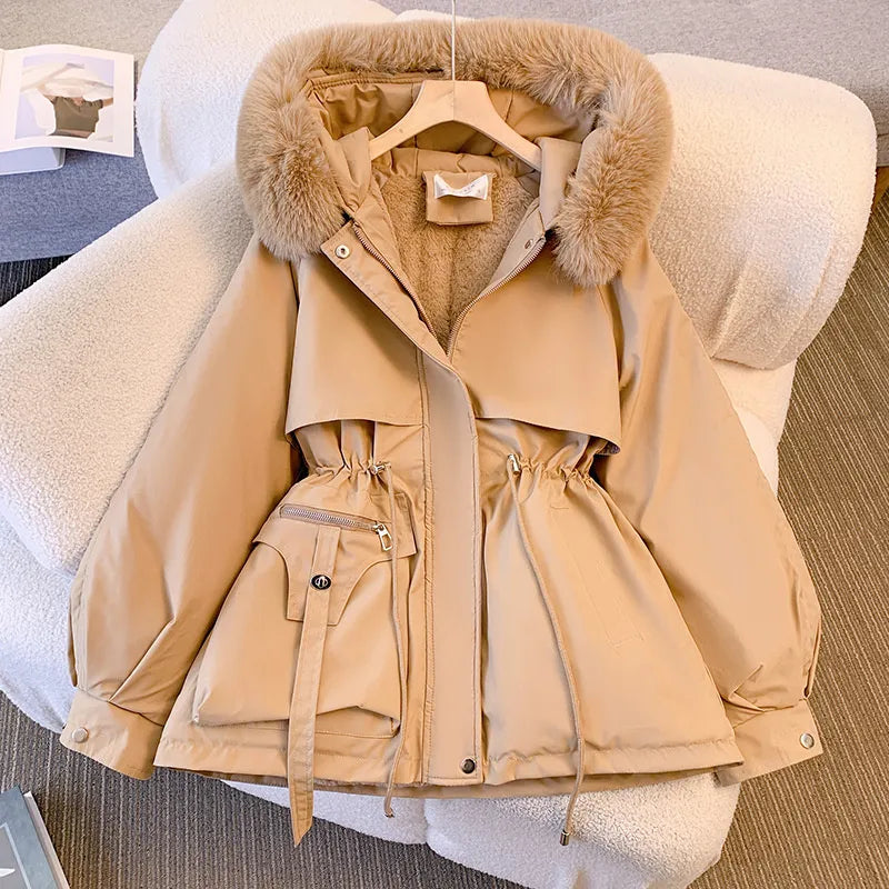 Beige coat with fur hood online