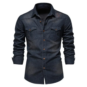 Comfy Family AIOPESON Brand Elastic Cotton Denim Shirt Men Long Sleeve Quality Cowboy Shirts for Men Casual Slim Fit Mens Designer Clothing Navy / USA L 70-80 kg