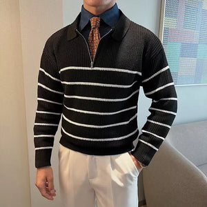 Comfy Family Autumn Winter Men's Fashion Vintage Striped Business Casual Knitted Sweater Male Polo Collar Half Zip Long Sleeve Slim Pullovers