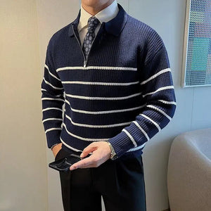 Comfy Family Autumn Winter Men's Fashion Vintage Striped Business Casual Knitted Sweater Male Polo Collar Half Zip Long Sleeve Slim Pullovers Navy Blue / XS