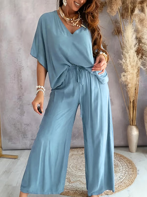 Comfy Family Casual Solid Color Pants Set, Half Sleeve V Neck Top & Wide Leg Pants Outfits, Women's Clothing