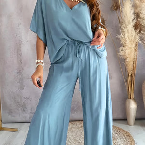 Comfy Family Casual Solid Color Pants Set, Half Sleeve V Neck Top & Wide Leg Pants Outfits, Women's Clothing Peacock Blue / S