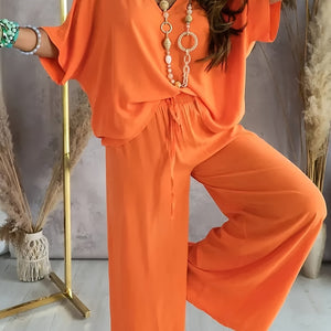 Comfy Family Casual Solid Color Pants Set, Half Sleeve V Neck Top & Wide Leg Pants Outfits, Women's Clothing Tangerine-red / S