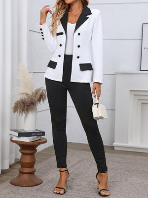 Comfy Family Color Block Two-piece Set, Casual Button Front Blazer & Straight Leg Pants Outfits, Women's Clothing