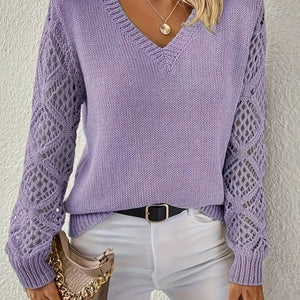 Comfy Family Hollow Out V Neck Pullover Sweater, Elegant Long Sleeve Knit Sweater, Women's Clothing Light Purple / S