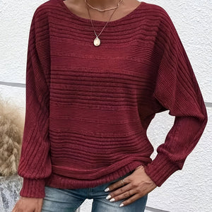 Comfy Family Solid Crew Neck Pullover Sweater, Casual Batwing Sleeve Loose Sweater, Women's Clothing UK 8 / Burgundy