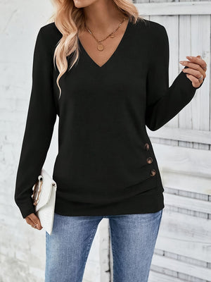 Comfy Family Women'S Elegant Long Sleeve V-Neck T-Shirt with Button Detail - 100% Polyester Knit Fabric, Solid Color, Regular Length for Spring and Fall