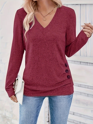 Comfy Family Women'S Elegant Long Sleeve V-Neck T-Shirt with Button Detail - 100% Polyester Knit Fabric, Solid Color, Regular Length for Spring and Fall