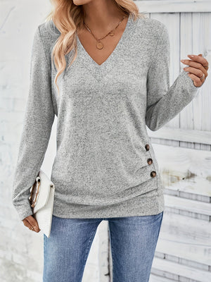 Comfy Family Women'S Elegant Long Sleeve V-Neck T-Shirt with Button Detail - 100% Polyester Knit Fabric, Solid Color, Regular Length for Spring and Fall