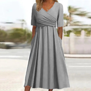 Comfy Family Xanthea - Pleated V-Neck Short Sleeve Dress Gray / S